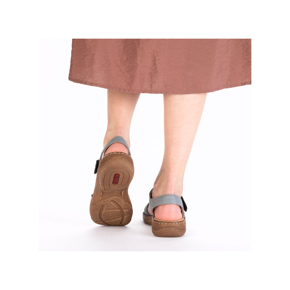Rieker V2860-14 ladies Pacific Touch fastening sandals with ankle straps and cushioned soles, shown from rear view.