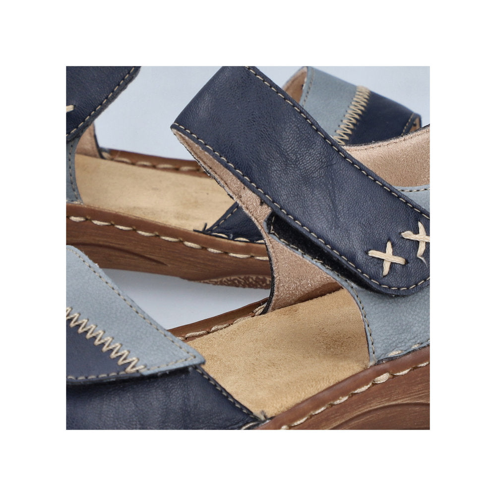 Rieker V2860-14 Ladies Pacific Touch fastening sandals with navy and beige leather straps, stitched detailing, and cushioned footbed.