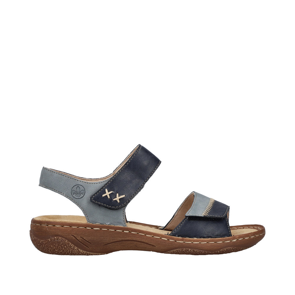 Rieker V2860-14 women's navy and gray touch fastening sandal with cushioned sole and adjustable straps.