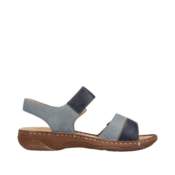 Rieker V2860-14 Ladies Pacific Touch fastening sandals with navy and grey straps, cushioned sole, and rubber outsole.