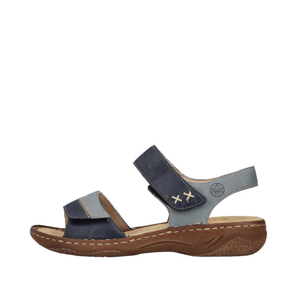 Rieker V2860-14 Ladies Pacific Touch fastening sandals with blue and grey straps, cushioned footbed, and durable rubber sole.