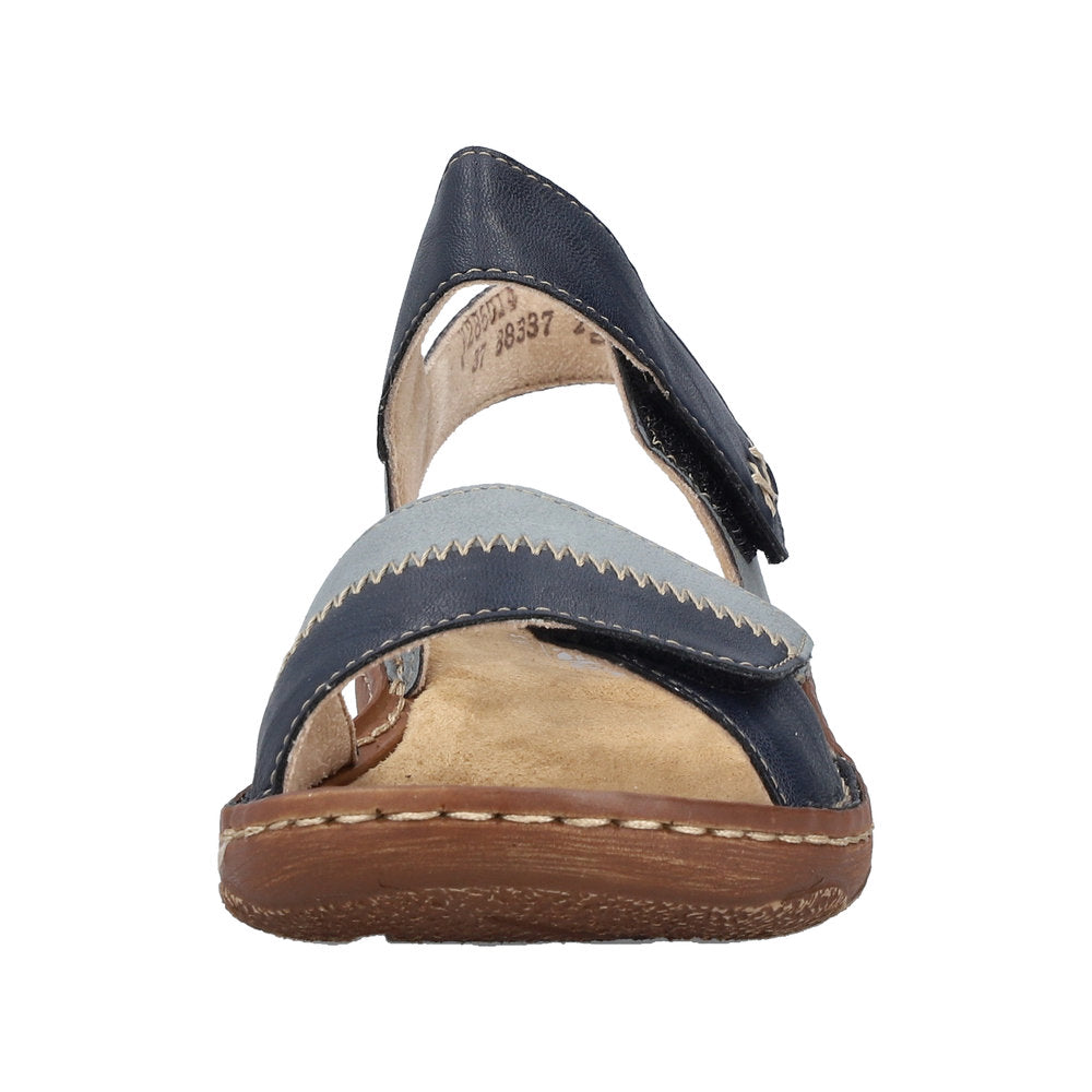 Rieker V2860-14 Ladies Pacific Touch fastening sandals with navy, grey, and tan straps, cushioned footbed, and outsole for comfort.