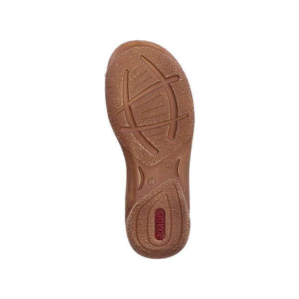 Rieker V2860-14 Ladies Pacific Touch fastening sandals with cushioned sole and open toe, brown leather strap design, suitable for summer wear.