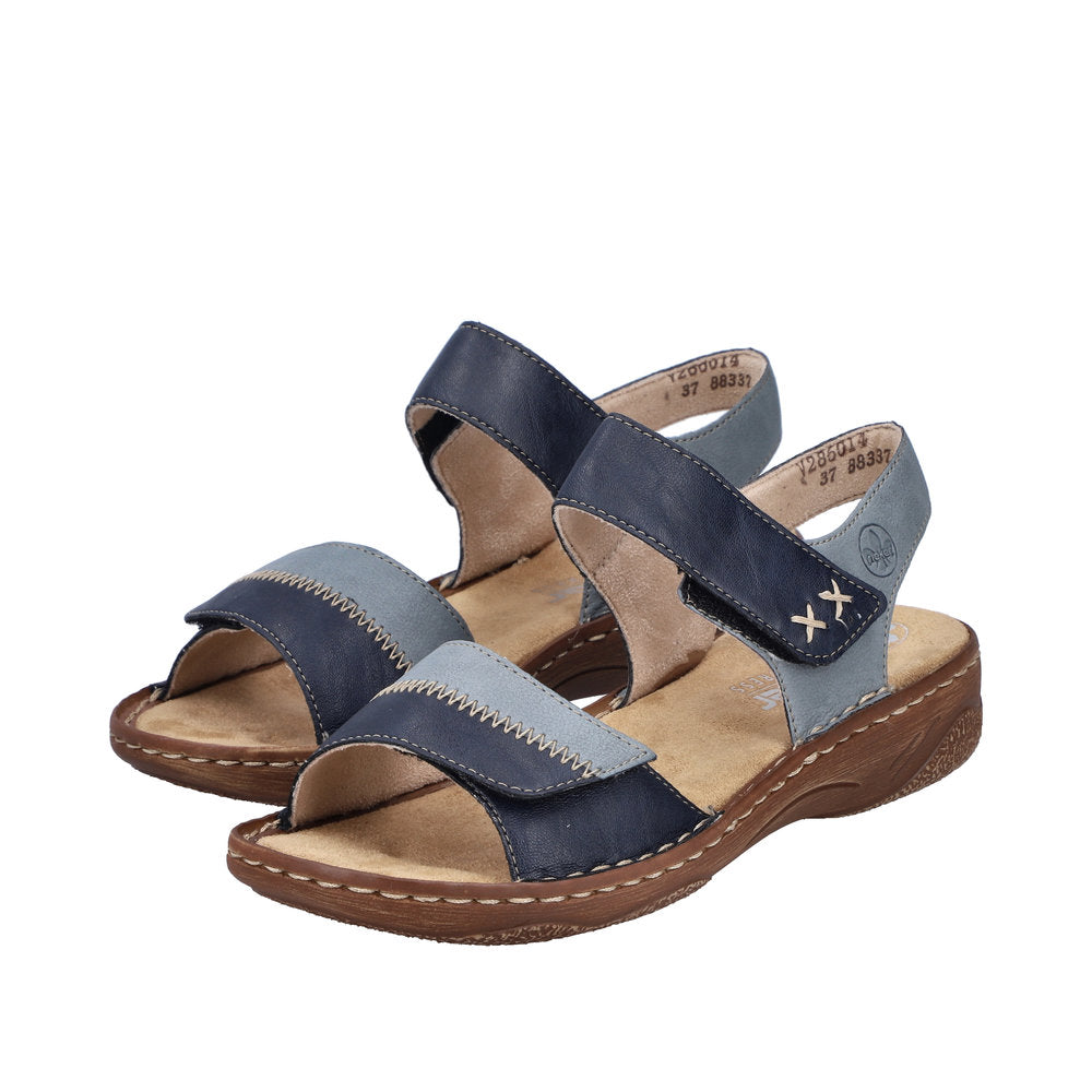 Rieker V2860-14 women's Pacific Touch fastening sandals with navy and light blue leather straps, cushioned footbed, and durable rubber outsole.