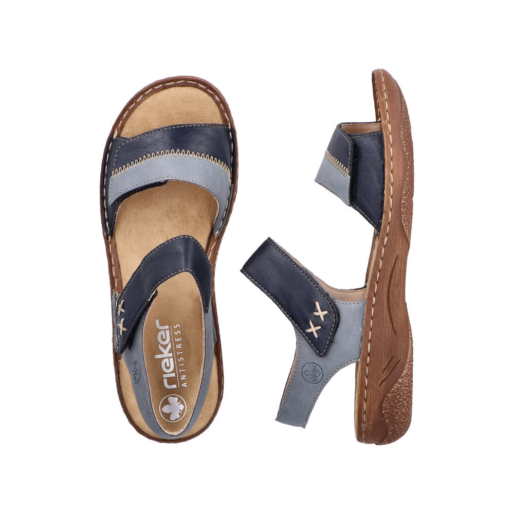 Rieker V2860-14 women's Pacific Touch fastening sandals with navy and grey straps, cushioned footbed, and slip-resistant sole.