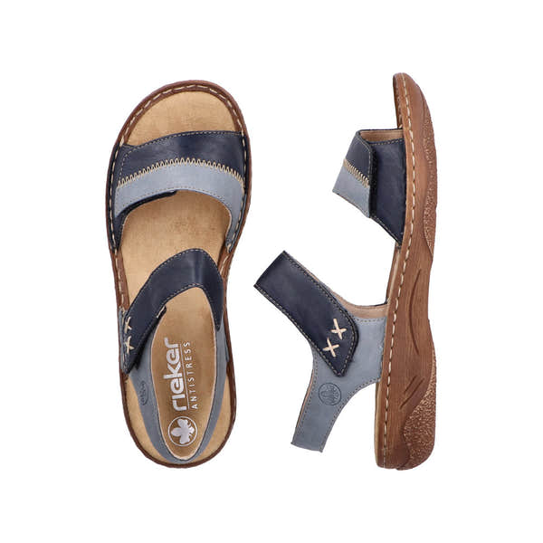 Rieker V2860-14 women's Pacific Touch fastening sandals with navy and grey straps, cushioned footbed, and slip-resistant sole.