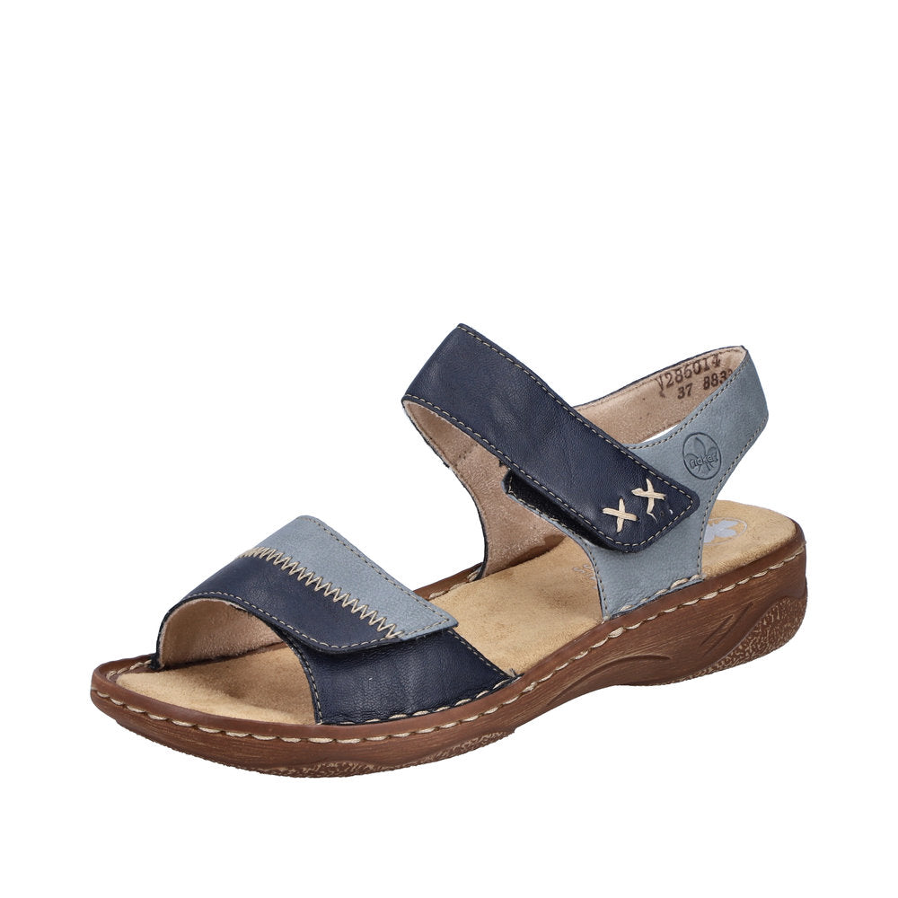 Rieker V2860-14 women's navy and light blue leather sandals with touch fastening straps and cushioned sole.