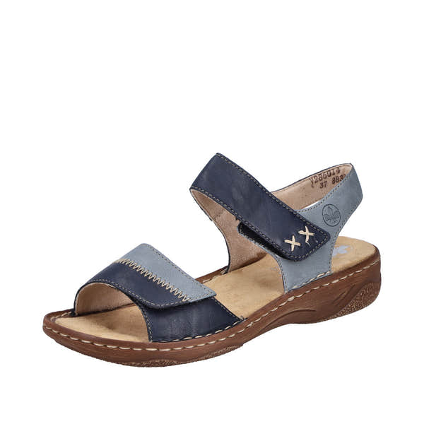 Rieker V2860-14 women's navy and light blue leather sandals with touch fastening straps and cushioned sole.
