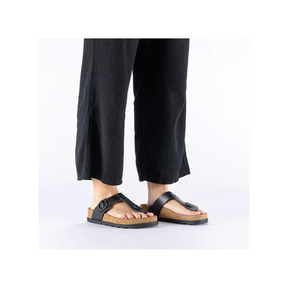 Rieker V3150-00 women's black leather buckle mule sandals with cork footbed and rubber sole.