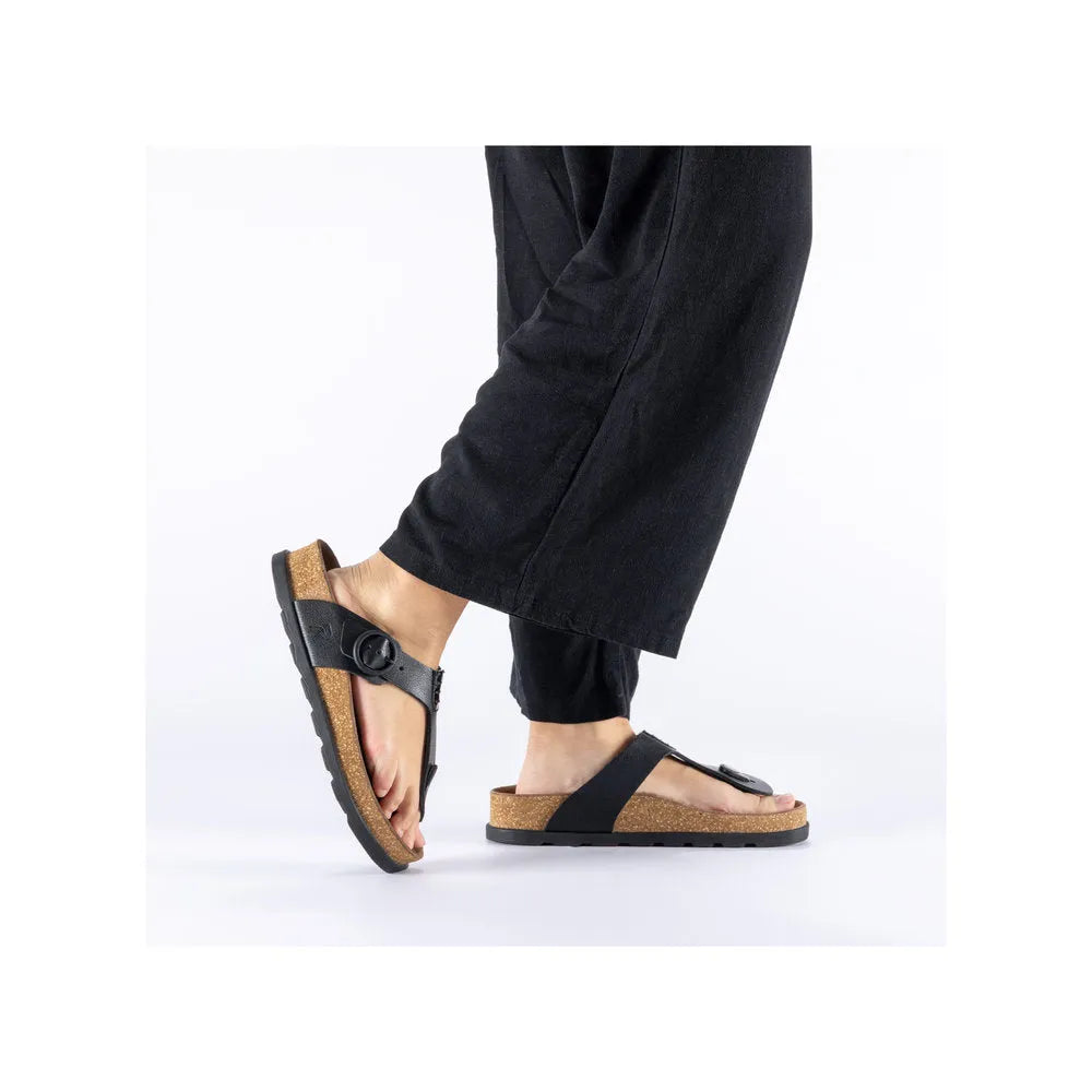Rieker V3150-00 women's black leather buckle mule sandals with cork footbed and adjustable strap.