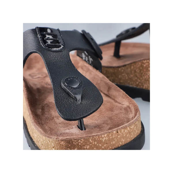 Rieker V3150-00 women's black leather buckle mule sandals with cork footbed and ankle strap.
