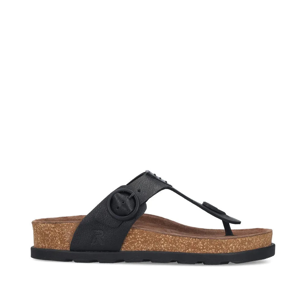 Rieker V3150-00 women's black leather buckle mule sandals with cork footbed and flat sole.