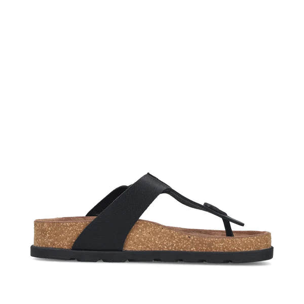 Rieker V3150-00 Women's Black Leather Buckle Mules with cork footbed and slip-on design.