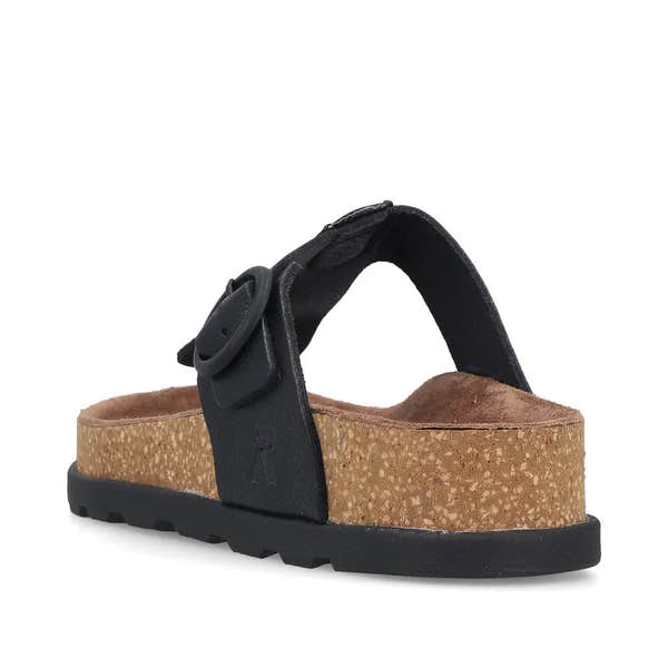 Rieker V3150-00 women's black leather slip-on mule sandal with buckle strap and cork wedge sole.