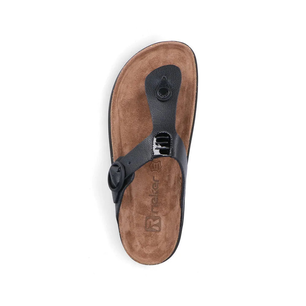 Rieker V3150-00 women's black leather buckle mule sandal with cushioned brown insole and open-toe design.