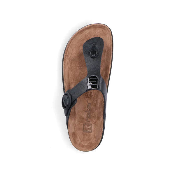 Rieker V3150-00 women's black leather buckle mule sandal with cushioned brown insole and open-toe design.