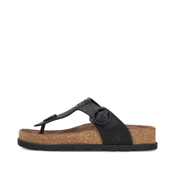 Rieker V3150-00 Ladies Black Leather Buckle Mules with cork footbed and adjustable strap, casual slip-on sandals.