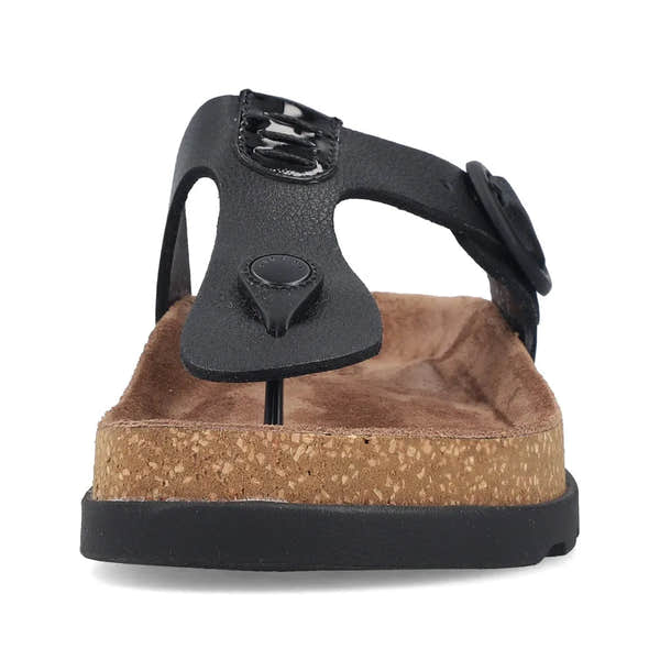 Rieker V3150-00 women's black leather buckle mule sandal with cork footbed and adjustable strap for comfort.