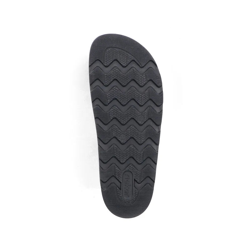 Rieker V3150-00 Women's Black Leather Buckle Mules with textured rubber sole.