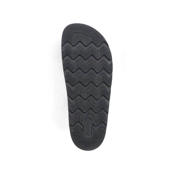 Rieker V3150-00 Women's Black Leather Buckle Mules with textured rubber sole.