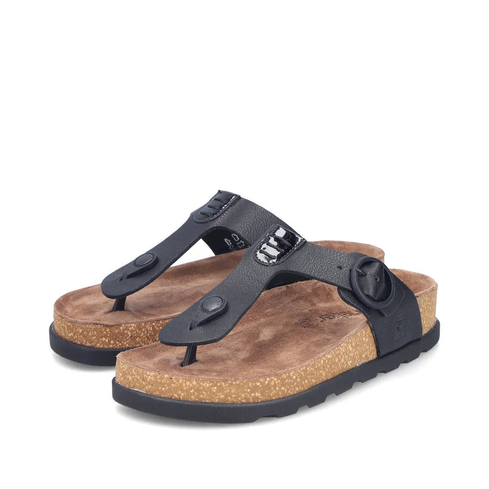 Rieker V3150-00 women's black leather slip-on mule sandals with buckle straps, cork footbed, and rubber sole.