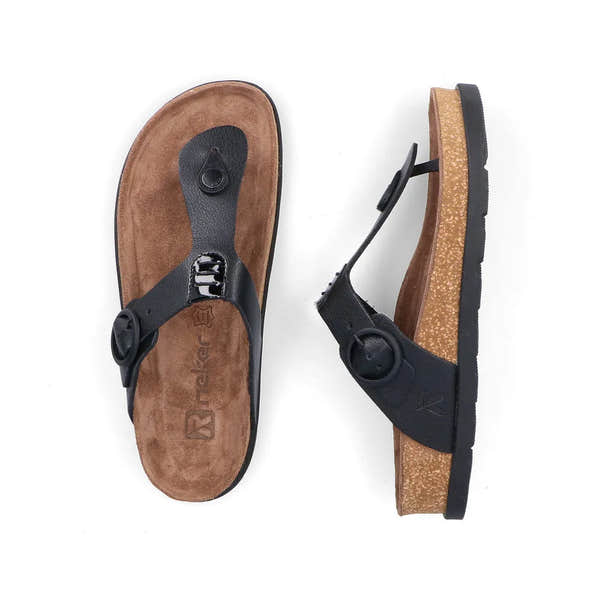 Rieker V3150-00 women's black leather buckle mules with cushioned footbed and textured cork sole.