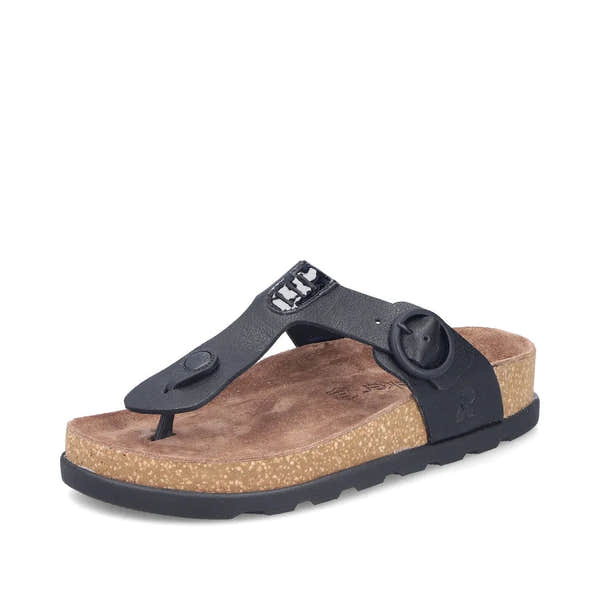 Rieker V3150-00 women's black leather buckle mule sandals with cork footbed and rubber sole.