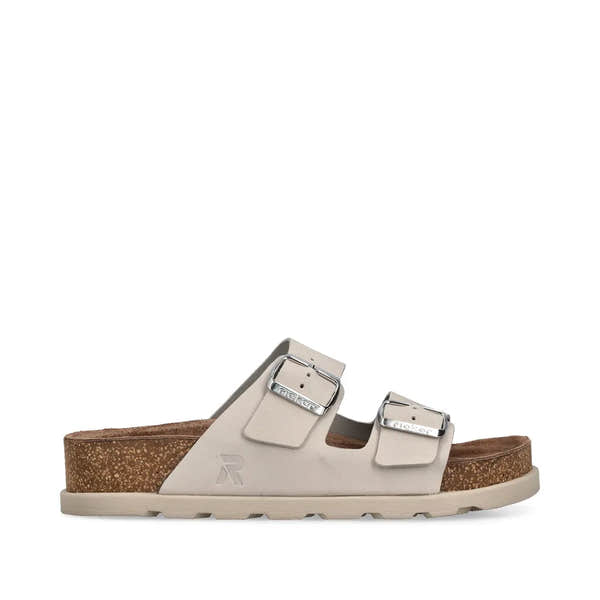 Rieker V3190-40 women's off-white leather buckle mules with dual straps and cork footbed.