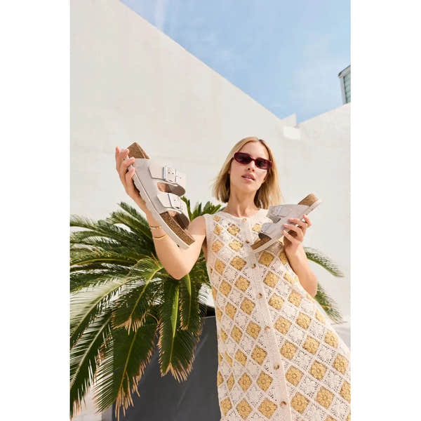 Rieker V3190-40 women's off-white leather buckle mules, stylish summer footwear with chunky heels and open toes.