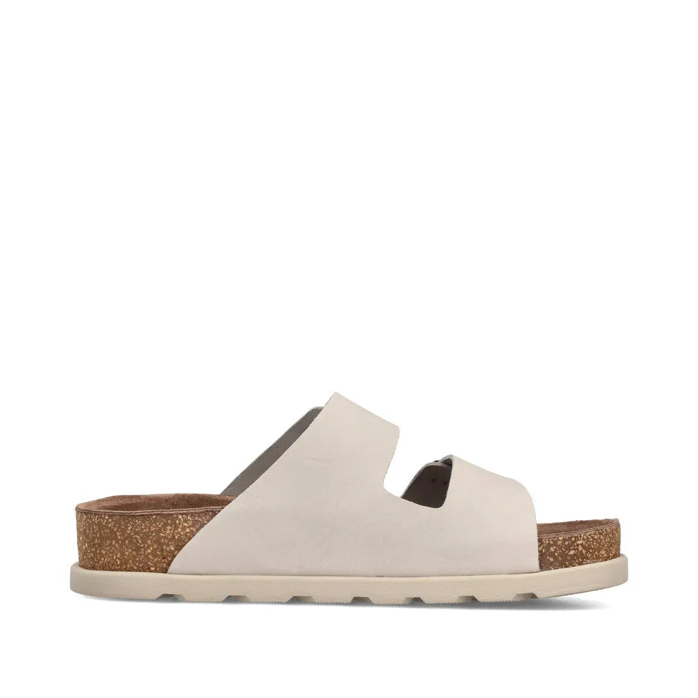 Rieker V3190-40 women's off-white leather buckle mules with cork footbed and flat sole.