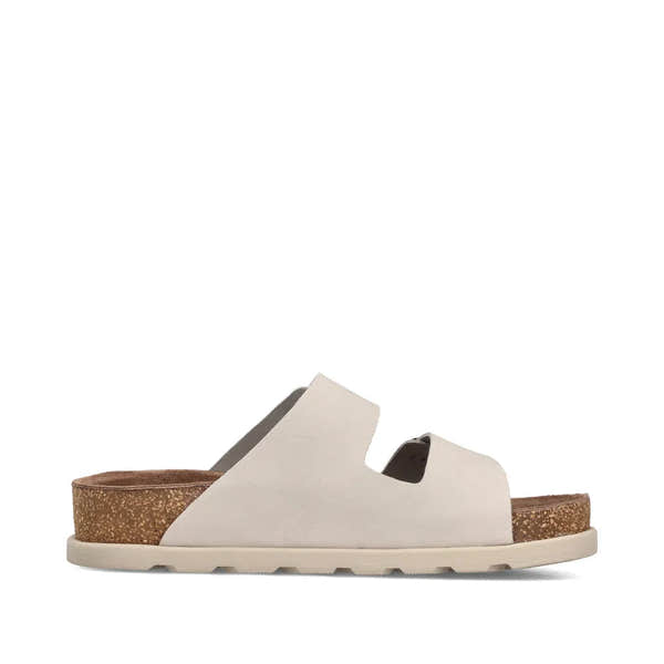 Rieker V3190-40 women's off-white leather buckle mules with cork footbed and flat sole.