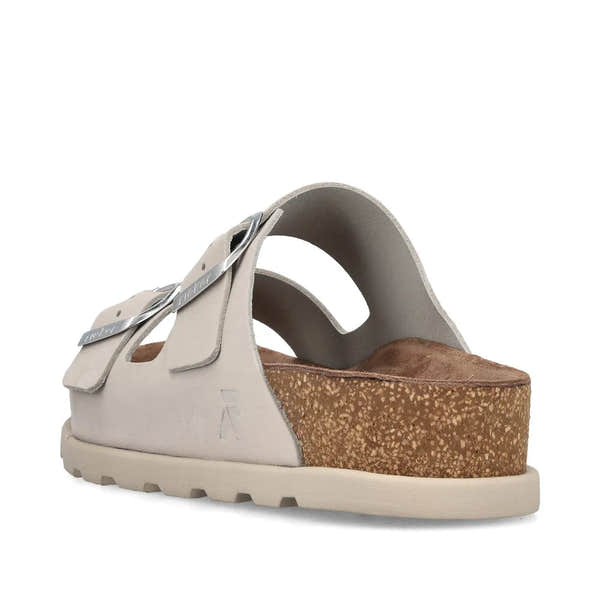 Rieker V3190-40 women's off-white leather buckle mule slides with cork footbed and chunky sole.