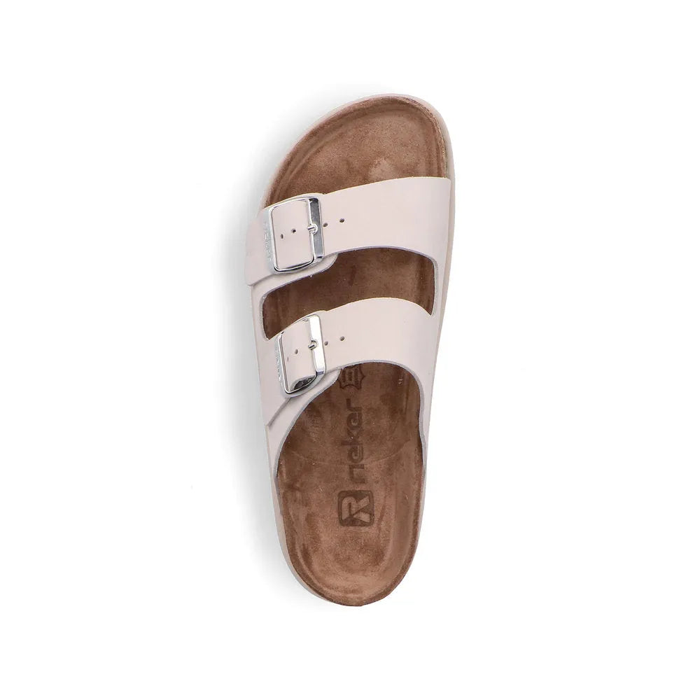 Rieker V3190-40 women's off-white leather buckle mule sandals with two straps and cushioned footbed.