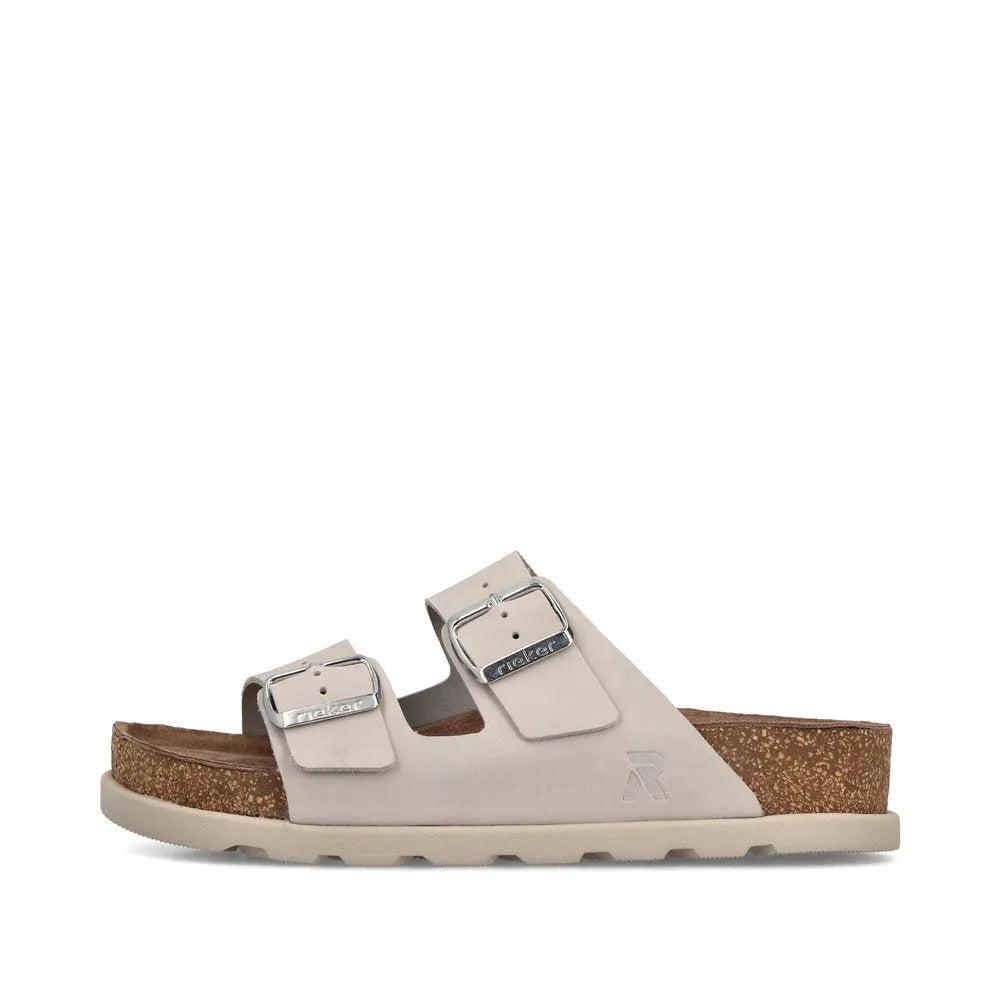 Rieker V3190-40 Women's Off White Leather Buckle Mules with Cork Footbed and Adjustable Straps