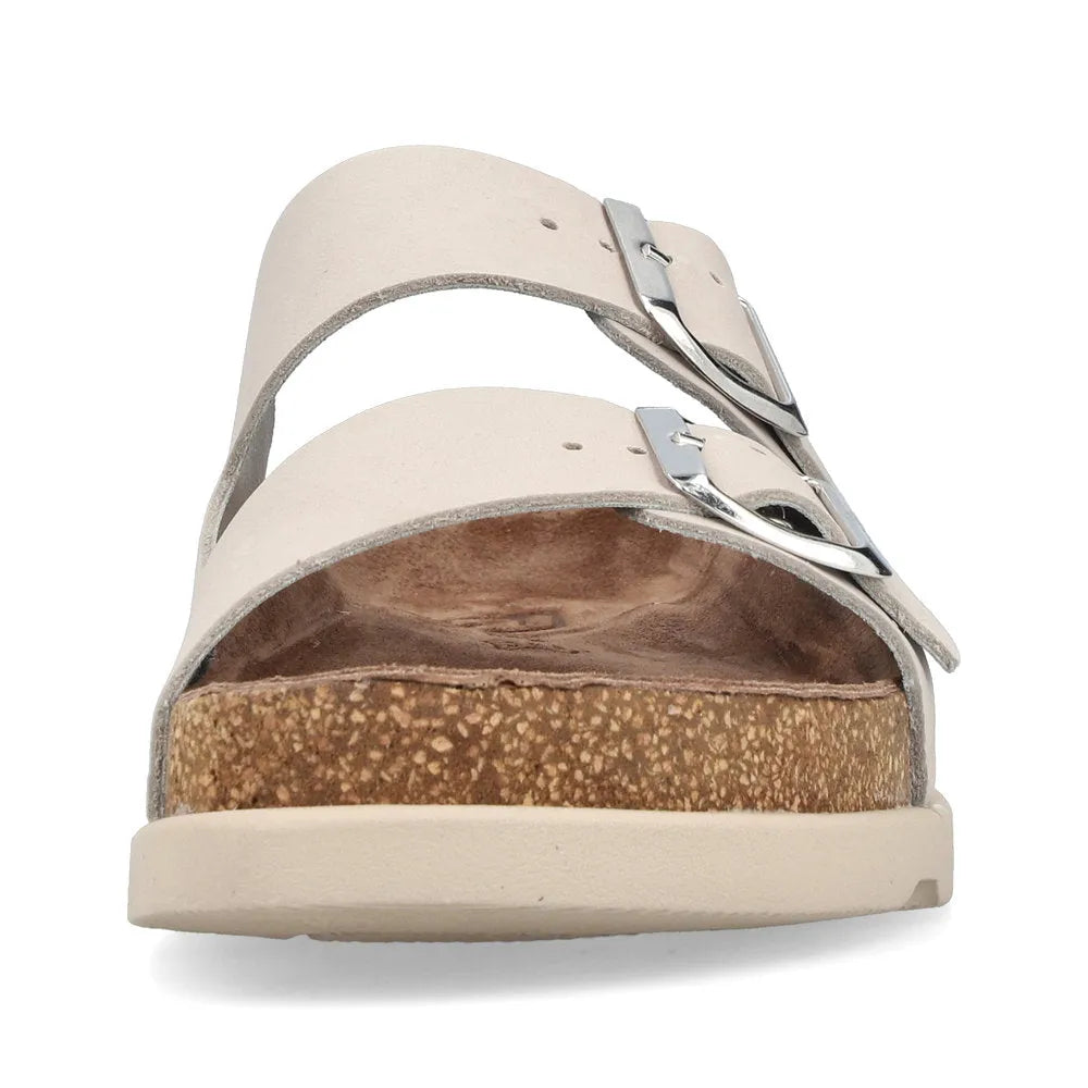 Rieker V3190-40 ladies off-white leather buckle mule sandals with cork footbed and comfortable design.