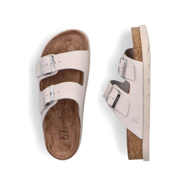 Rieker V3190-40 women's off-white leather buckle mules with dual straps and cushioned footbed.