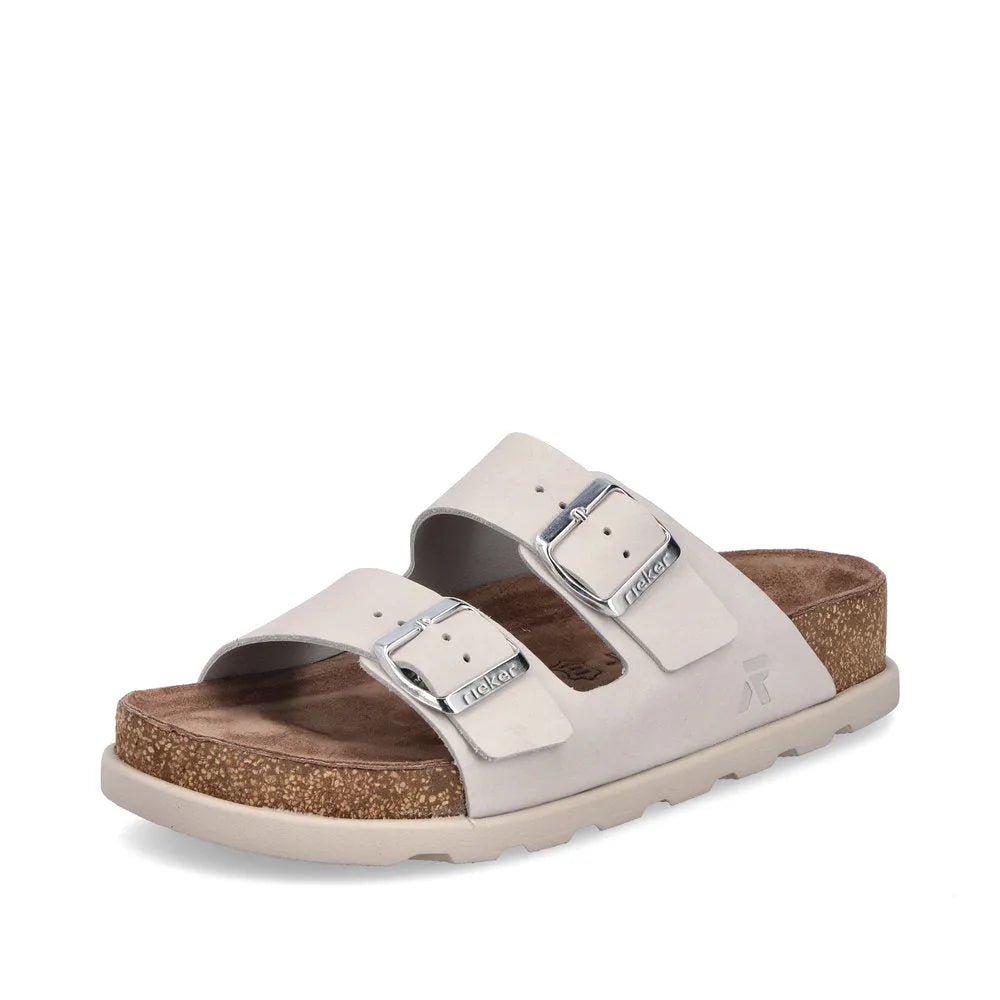 Rieker V3190-40 Ladies Off White Leather Buckle Mules with cork footbed and two adjustable straps.