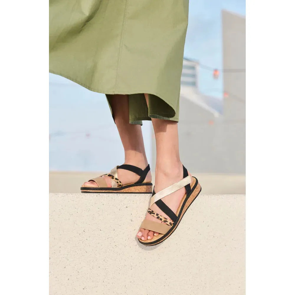 Rieker V3663-92 women's multi-color touch fastening sandals with leopard print accents and cork footbed.