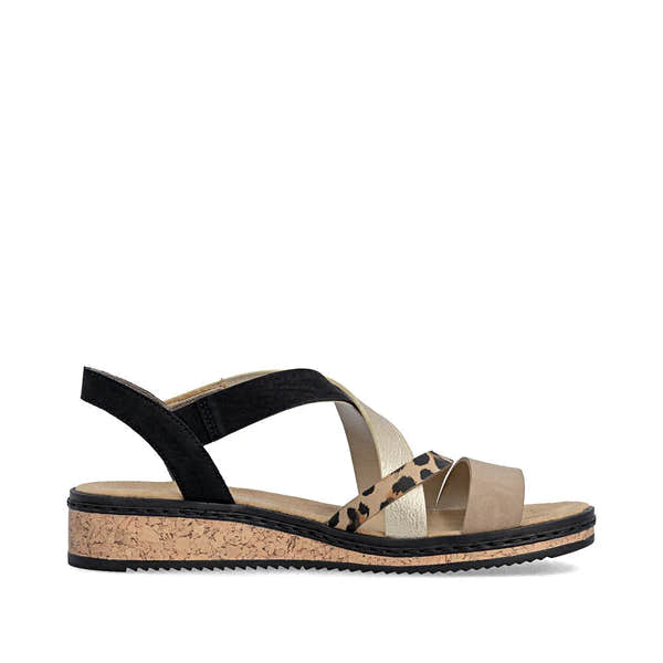 Rieker V3663-92 women's multi-strap sandals with touch fastenings, beige, black, and animal print straps, cork wedge sole.