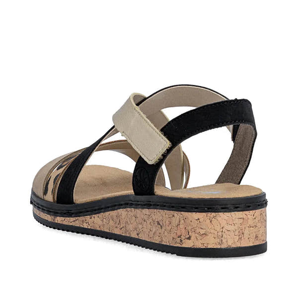 Rieker V3663-92 women's multi-touch fastening sandals with beige, black, and transparent straps and cork wedge sole.