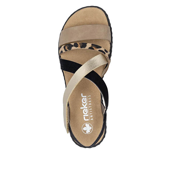 Rieker V3663-92 women's multi-strap touch fastening sandals with leopard print detailing and cushioned footbed.