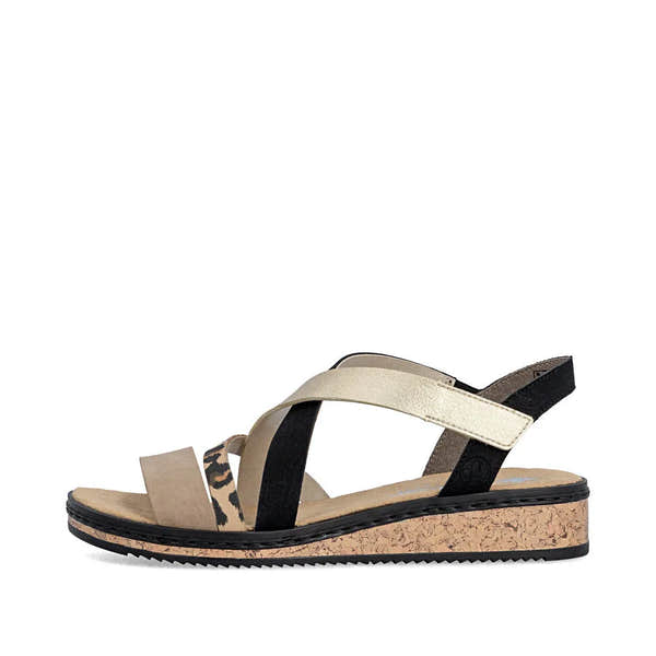 Rieker V3663-92 women's multi-touch fastening sandals with beige, black, and animal print straps, cork sole, and comfortable design.