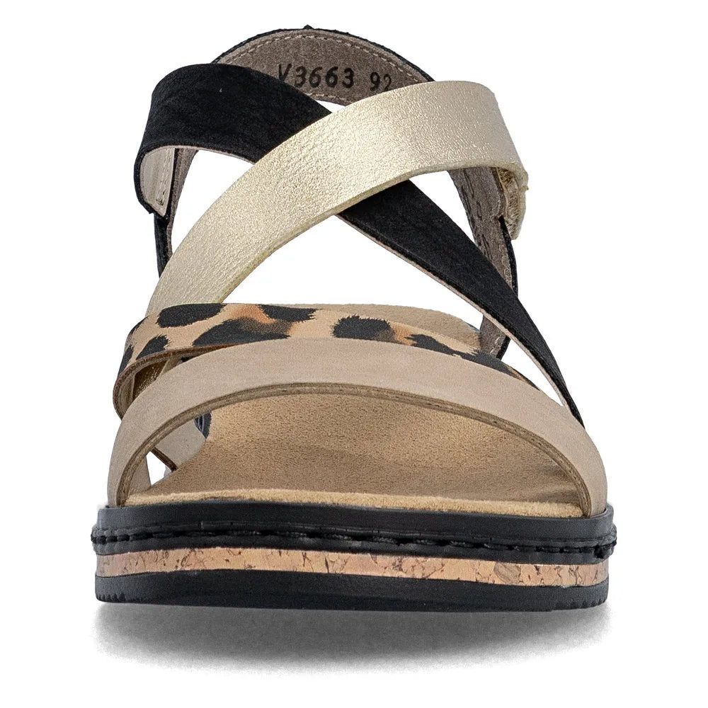 Rieker V3663-92 ladies multi-strap touch fastening sandals with animal print accents and cork sole detail.