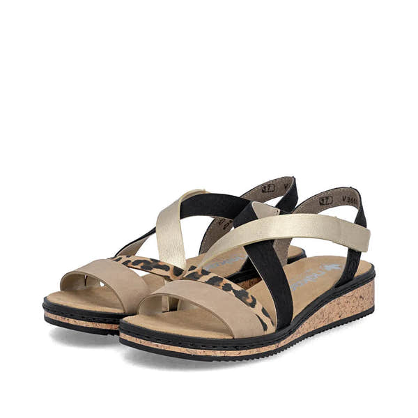 Rieker V3663-92 women's multi-touch fastening sandals with beige, black, and leopard print straps, cork block heel, and open toe design.