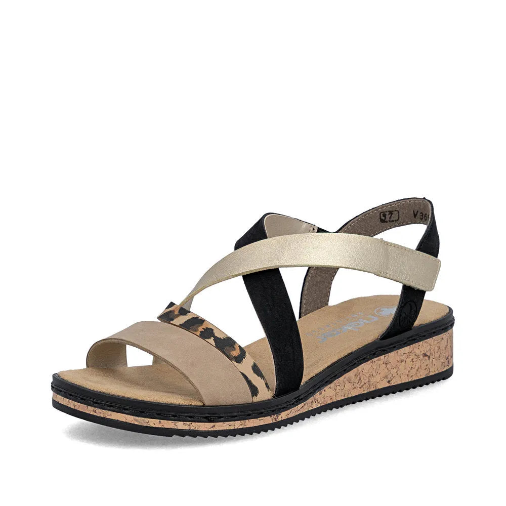Rieker V3663-92 women's multi-touch fastening sandals with beige, black, and leopard print straps, cork sole, and cushioned footbed.