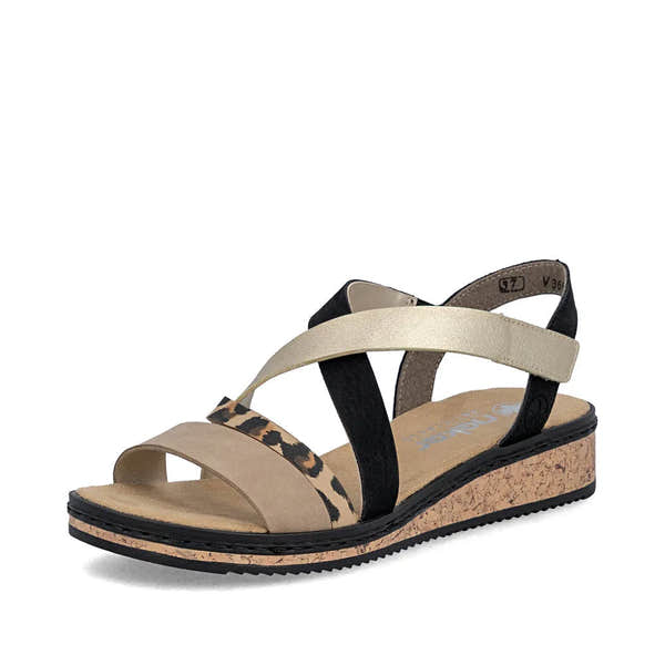 Rieker V3663-92 women's multi-touch fastening sandals with beige, black, and leopard print straps, cork sole, and cushioned footbed.