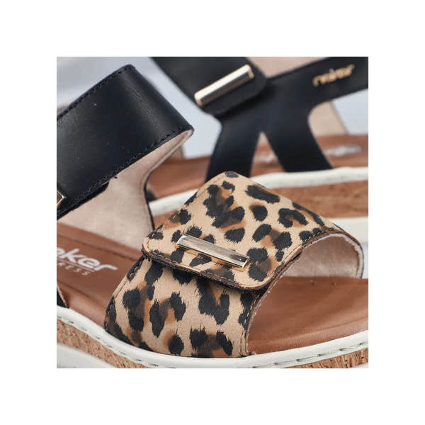 Rieker V4181-00 Ladies wide-fit multi-touch fastening sandals with leopard print strap and black ankle strap, cushioned footbed.