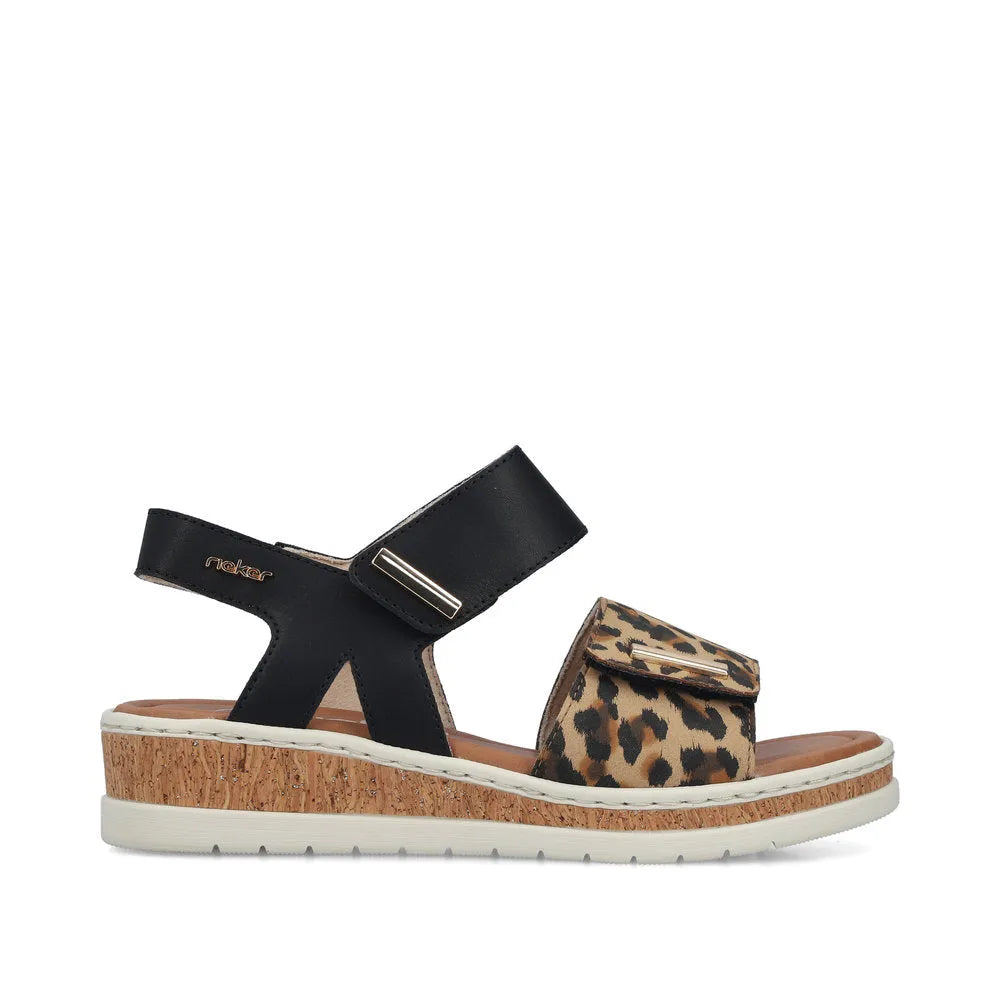Rieker V4181-00 women's wide-fit multi-touch fastening sandals with leopard print front strap and cork sole.