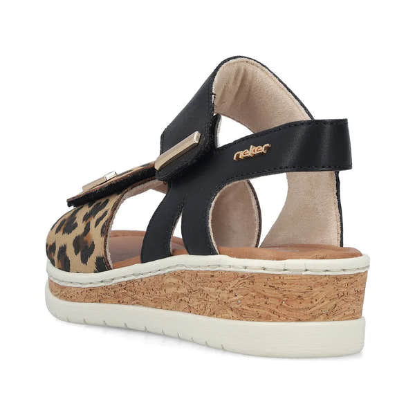 Rieker V4181-00 women's wide fit, multi-touch fastening sandals with leopard print, black straps, and cork wedge sole.