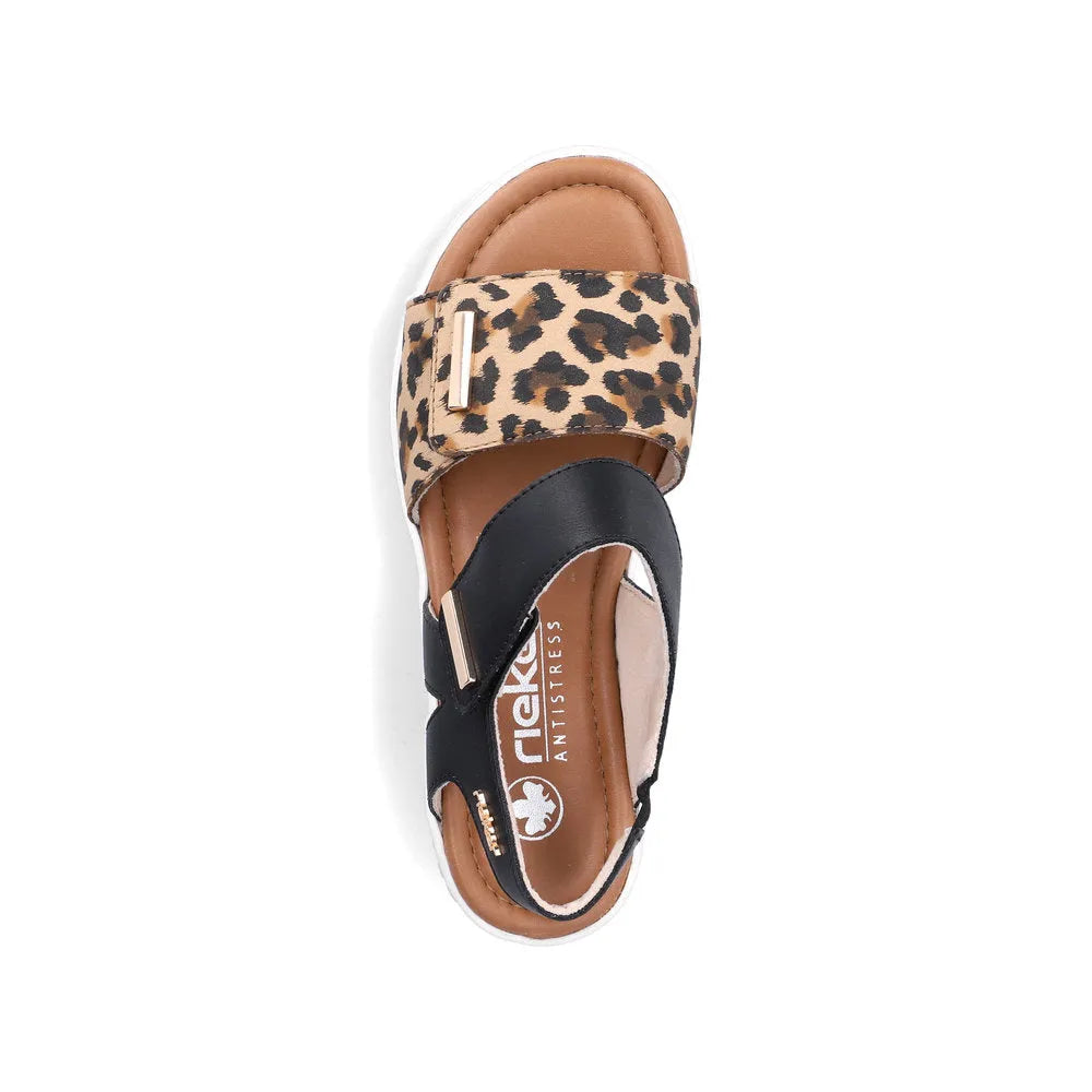 Rieker V4181-00 women's wide fit multi-touch fastening sandals with leopard print and black straps.